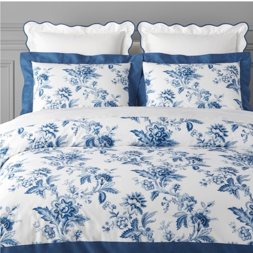 Williams Sonoma Set King Duvet Cover Euro Sham Aerin Fairfield Floral Blue EUC